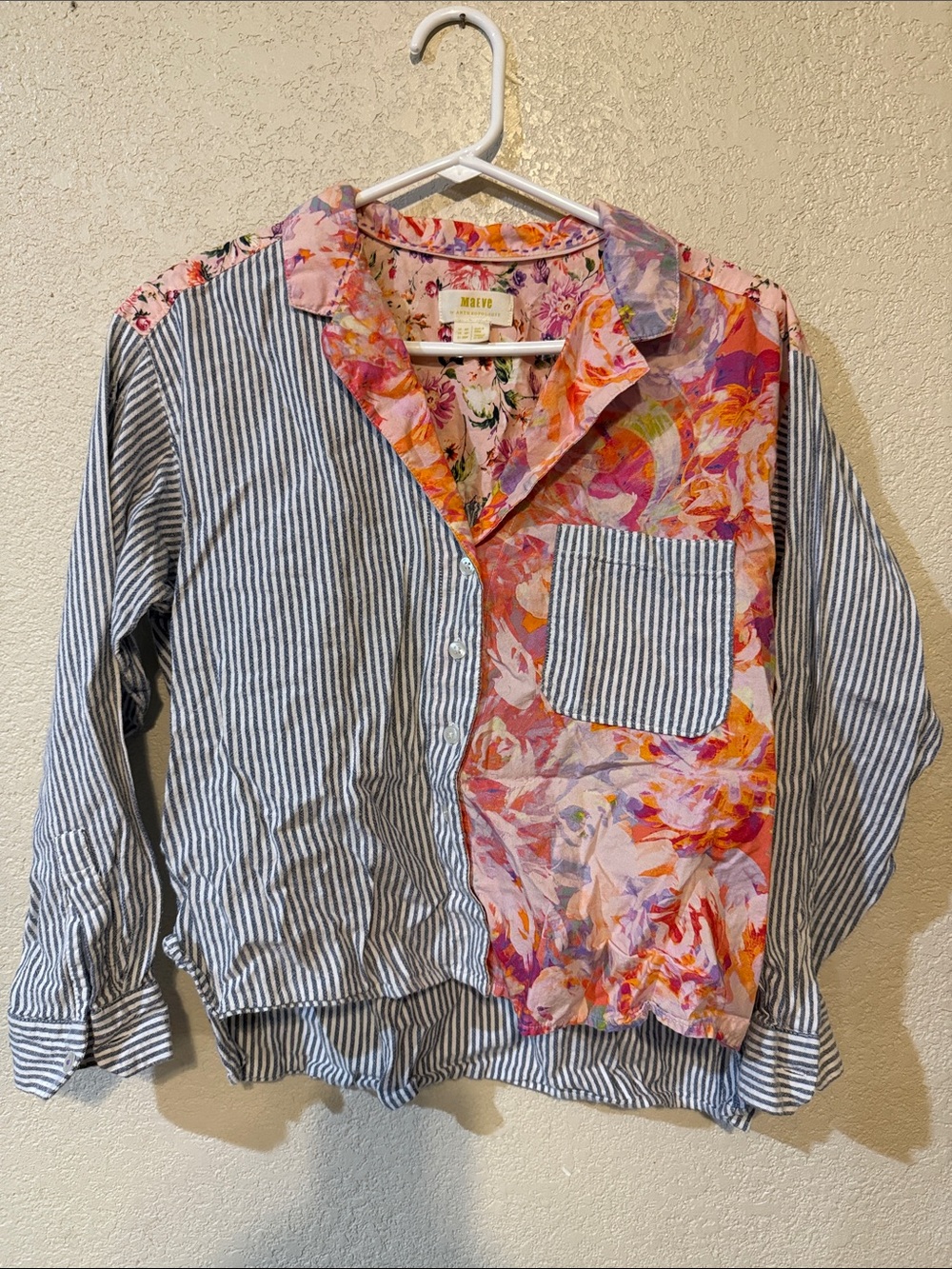 Maeve Mixed-Print Button-Down Shirt in Pink & Blue
